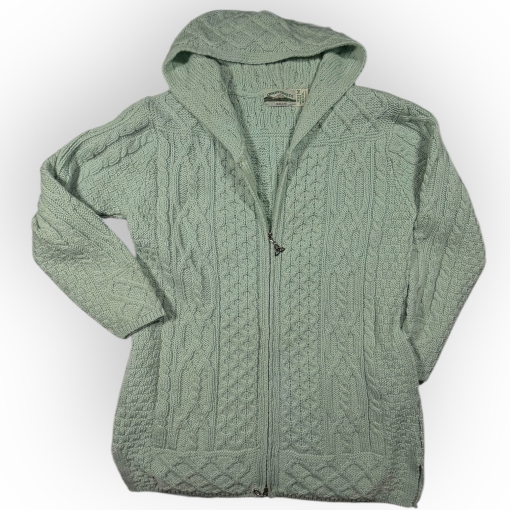 Aran Crafts Ireland Light Green Wool Cardigan Jacket Zip Pockets Hooded